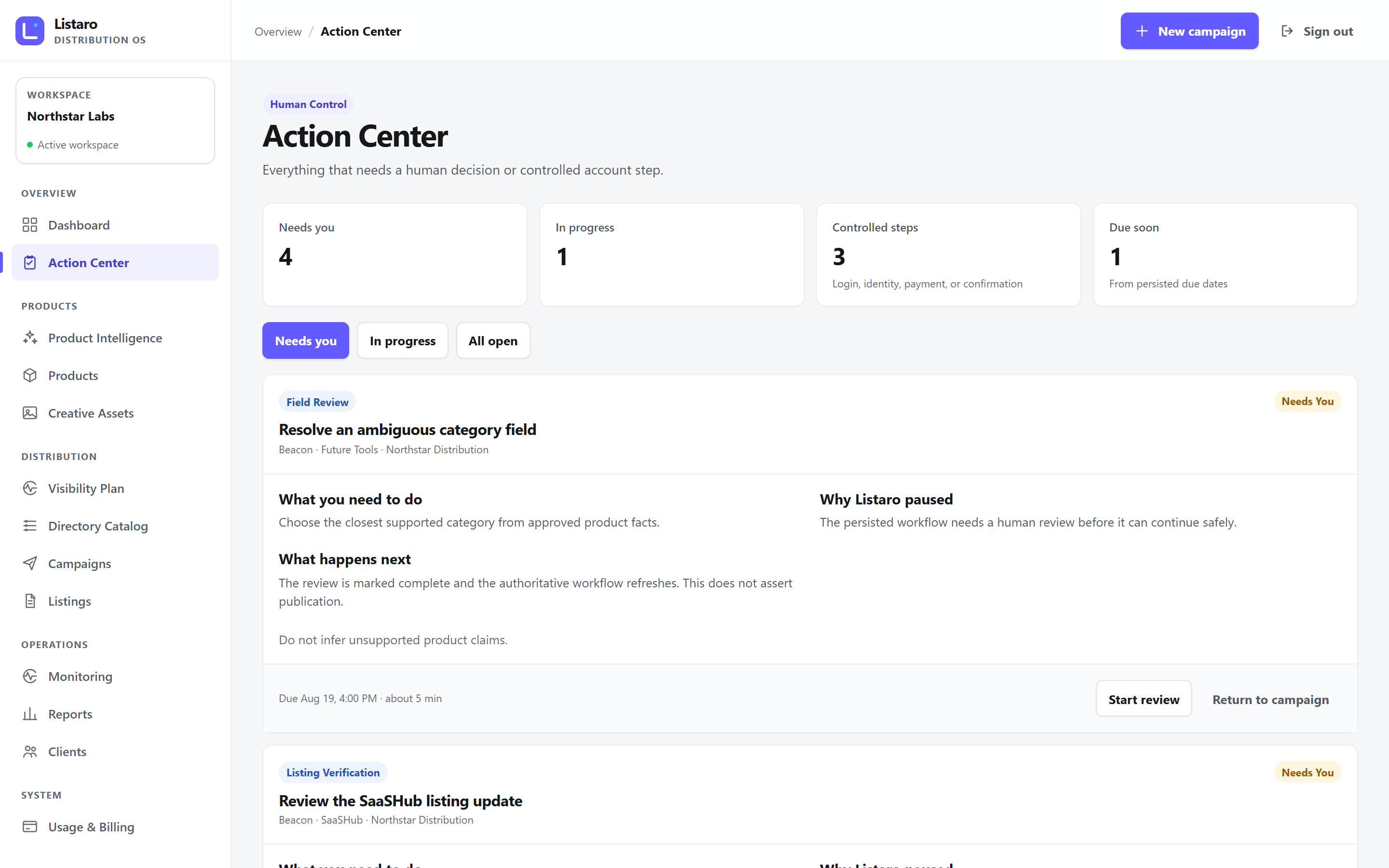 Action Center: Human-controlled login, verification, payment, and confirmation checkpoints