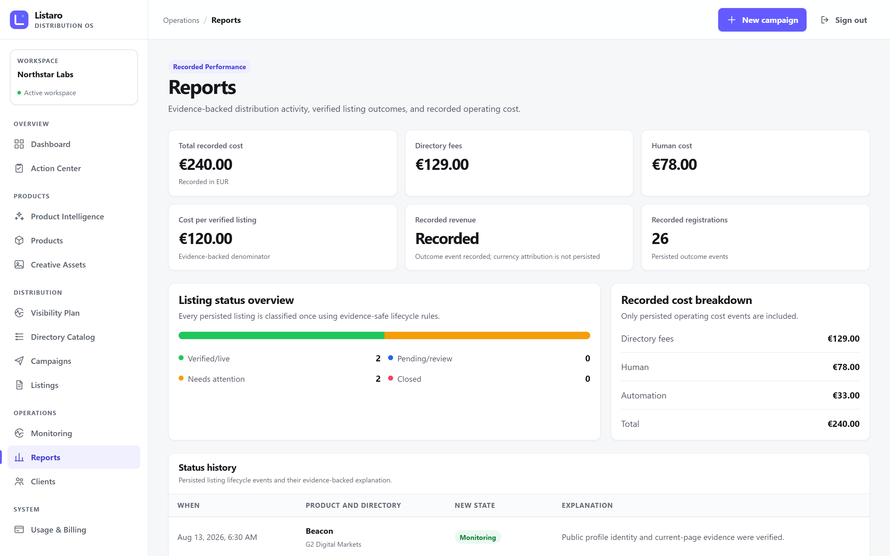 Real Reports screen with status history, cost records, and system health